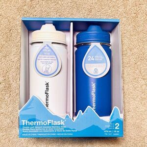 Thermoflask Double-Set 16 oz Stainless Steel Bottles (White/Blue)